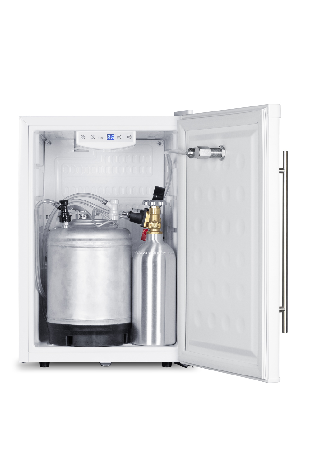 Compact commercially approved front tap beer dispenser in a classic white finish